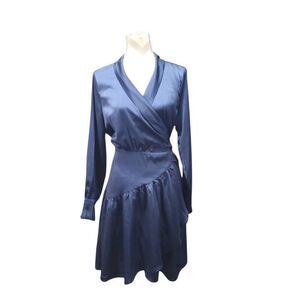Women's Size XL Navy Dress Long Sleeve Lantern Sleeve Knot Side Ruffle Trim Wrap